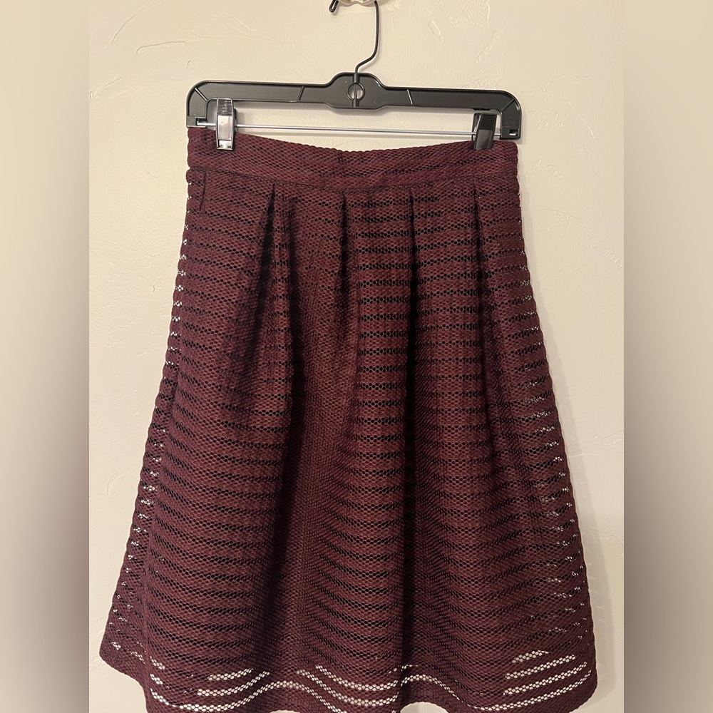 Striped honeycomb print burgundy  flared skirt with pockets